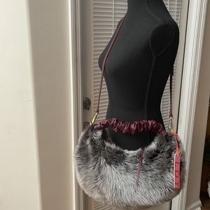LDT Monroe Frosted Shearling w/Burgundy Leather Trim Hobo Crossbody/Clutch Bag